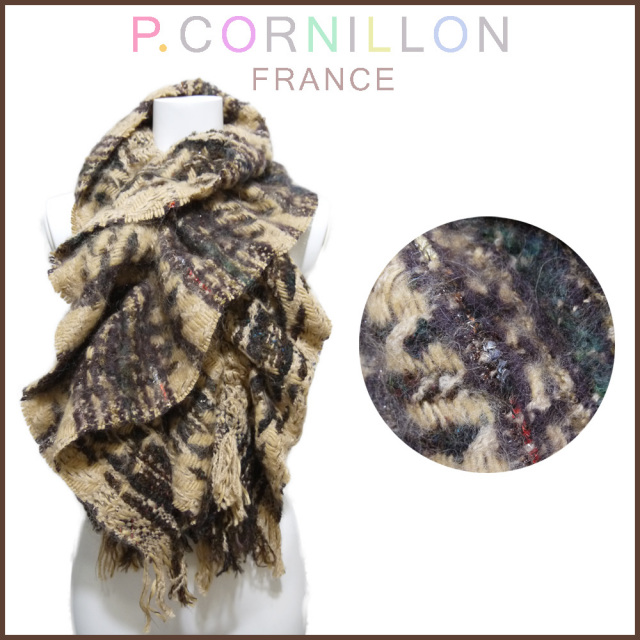 P.cornillon フランス製 ツイード リバーシブル シャーリングマフラー キャメル ピーコルニヨン