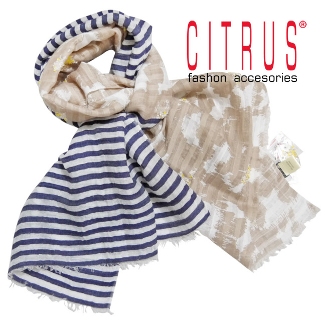 シトラス インド製 ビーズ刺繍×ボーダー コットン×リネン ストール ネイビー×ベージュ CITRUS