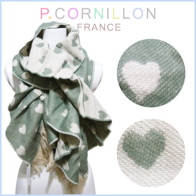 P.cornillon フランス製 ハート リバーシブル シャーリングマフラー カーキ×アイボリー ピーコルニヨン