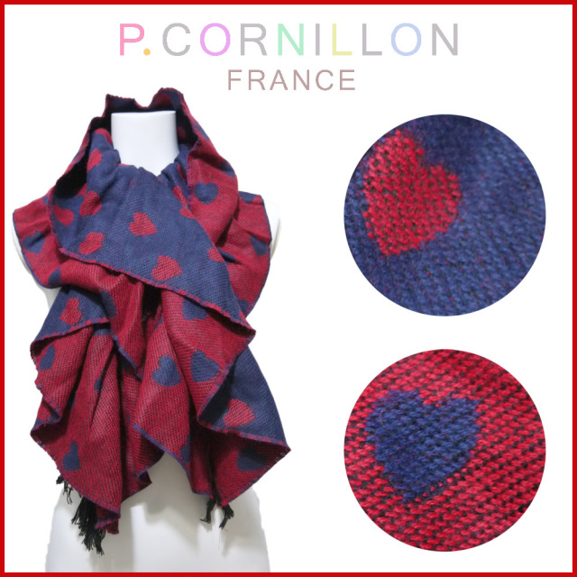 P.cornillon フランス製 ハート リバーシブル シャーリングマフラー レッド×ネイビー ピーコルニヨン
