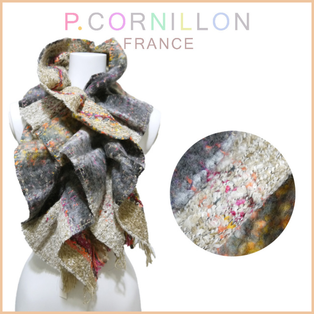 P.cornillon フランス製 ツイード シャーリングマフラー ベージュ×グレー ピーコルニヨン