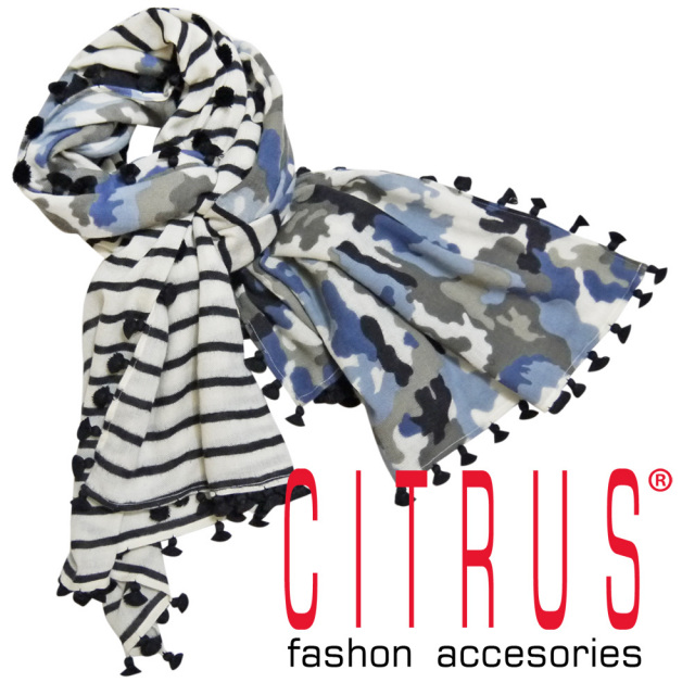 シトラス インド製 ポンポン付 ボーダー×迷彩ウールストール ブルーグレー CITRUS 当店オリジナル