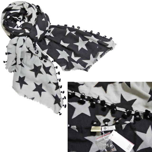 シトラス インド製 星柄 ウールストール 黒×グレー CITRUS