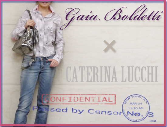 ガイアボルデッティー　イタリア製　ストライプ&刺繍　シャツブラウス　白×ボルドー　#40  Gaia Boldetti