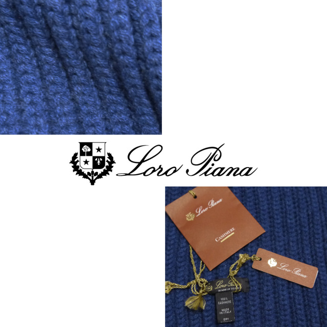 ロロピアーナ メンズ カシミア100 ニットマフラー 紺 Loro Piana