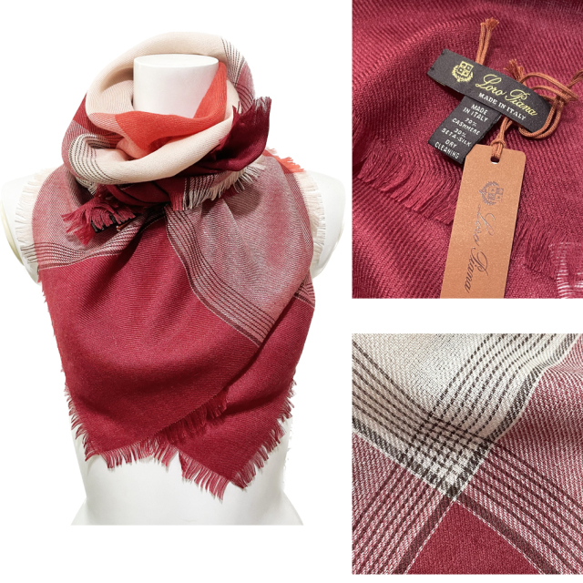 新品ロロピアーナLoro Pianaカシミア×絹ブロックチェック スカーフ赤-