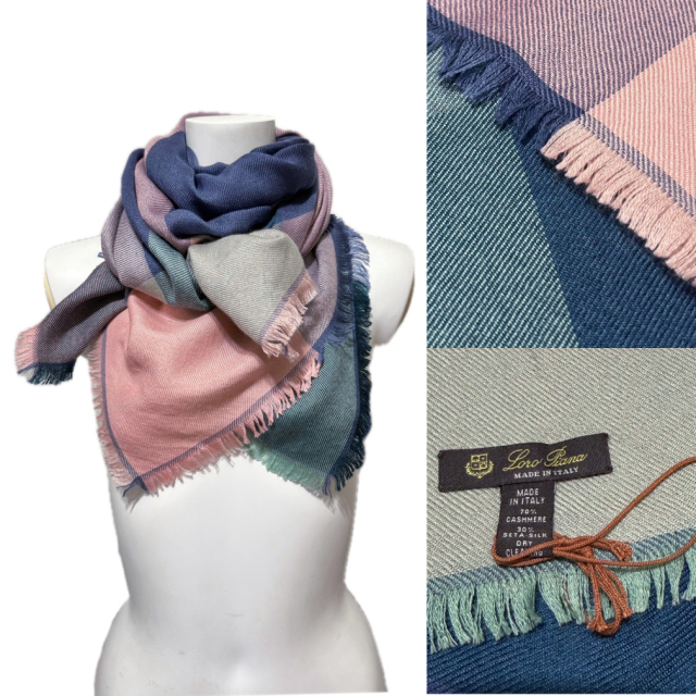 ロロピアーナ カシミア×シルク ブロックチェック スカーフ くすみパステル Loro Piana
