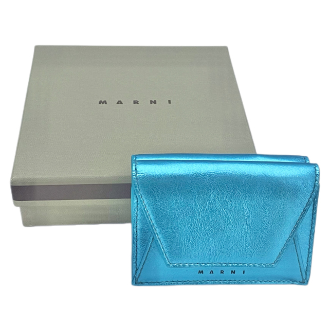 マルニ レザー コンパクト三つ折り財布 メタリックブルー MARNI