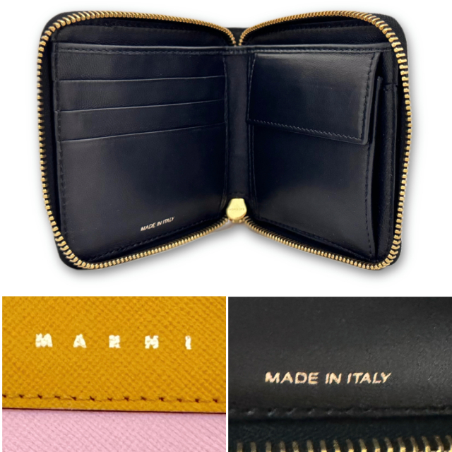 マルニ　レザー　ラウンドファスナー二つ折り財布　黄色×ネイビー　MARNI