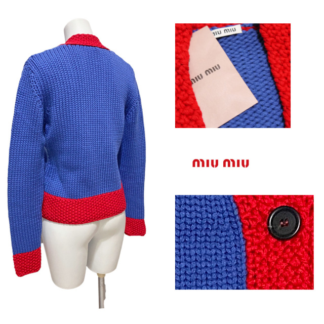 ミュウミュウ Vネック バイカラー ローゲージざっくりカーディガン ブルー×レッド #40 miu miu