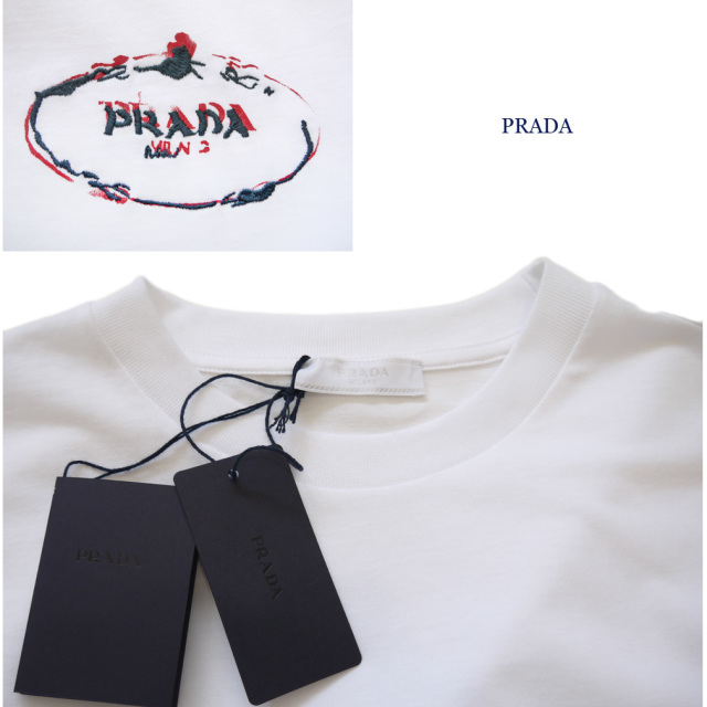 プラダ メンズ 刺繍ロゴ クルーネックTシャツ 白 #M #L #XL #XXL #XXXL 