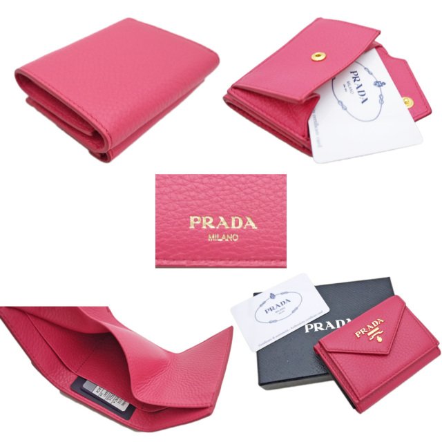 【三つ折り】プラダ　コンパクト折財布　PRADA　ピンク財布形開け口三つ折り