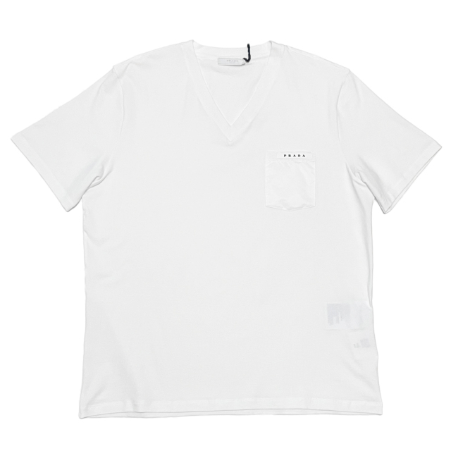 プラダ　メンズ　異素材mix VネックTシャツ　白　#XL  PRADA