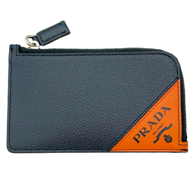 新品プラダ　メンズ　コンパクト財布(カードケース コインケース)　黒×オレンジ 2MC021　PRADA