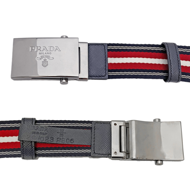 プラダ　メンズ　ロゴバックル　ナイロンキャンバスベルト　赤×紺ボーダー　#90　2CN023　PRADA