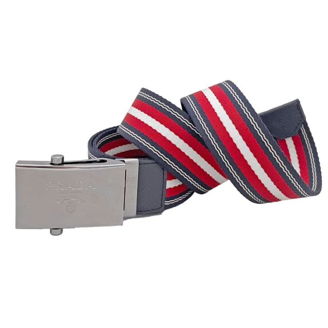 プラダ　メンズ　ロゴバックル　ナイロンキャンバスベルト　赤×紺ボーダー　#90　2CN023　PRADA