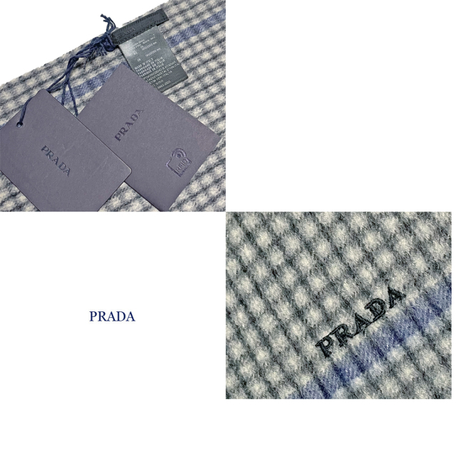 プラダ　メンズ　カシミア100％　フリンジマフラー　グレー チェック柄　PRADA