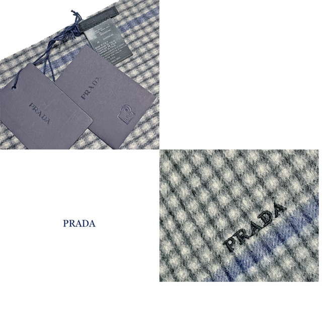 プラダ メンズ カシミア100％ フリンジマフラー グレー チェック柄 PRADA