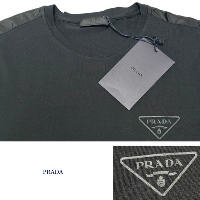 プラダ　メンズ　異素材mix クルーネックロゴTシャツ　黒　#L  PRADA