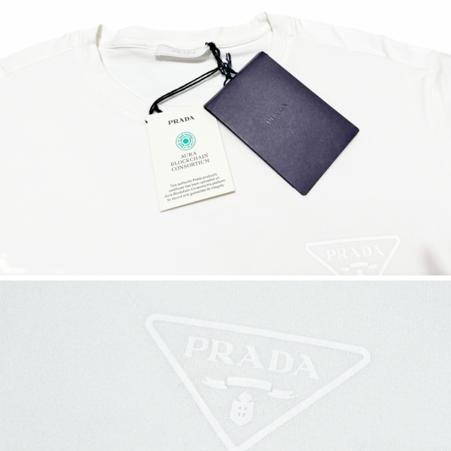 プラダ　メンズ　異素材mix クルーネックロゴTシャツ　白　#XL  PRADA