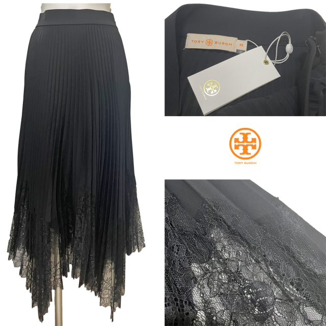 トリーバーチ　レースアシンメトリー　プリーツロングスカート(Lace-Trim Sunburst Pleated Skirt)　黒　#XS　TORY BURCH