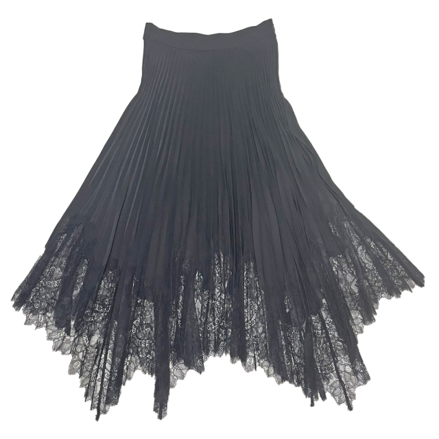 トリーバーチ　レースアシンメトリー　プリーツロングスカート(Lace-Trim Sunburst Pleated Skirt)　黒　#XS　TORY BURCH