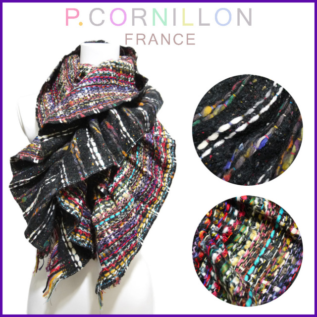 P.cornillon フランス製 リバーシブル シャーリングマフラー 黒×マルチ ピーコルニヨン