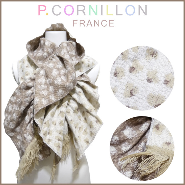 P.cornillon フランス製 レオパード柄 リバーシブル シャーリングマフラー キャメル×白 ピーコルニヨン