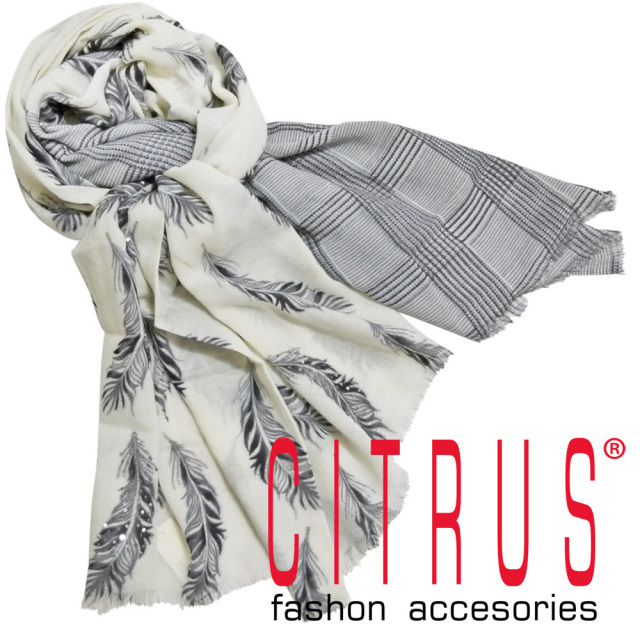 シトラス インド製 グレンチェック×フェザー ウールストール グレー CITRUS