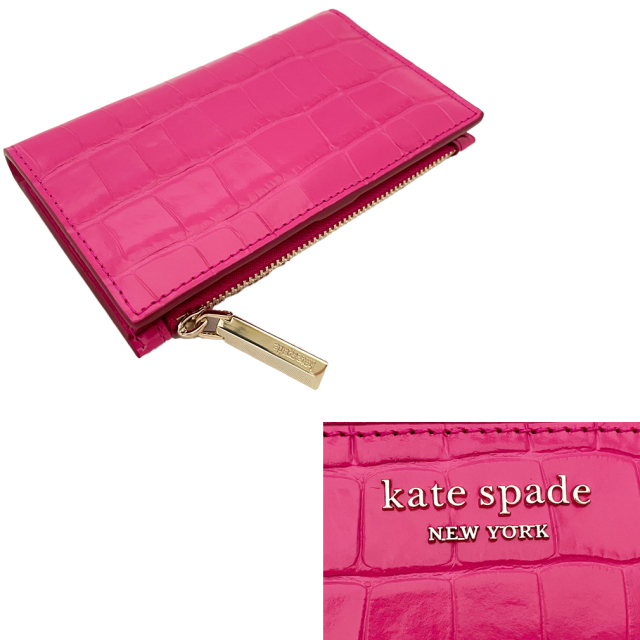 ケイトスペード　コイン＆カードケース　スペンサー クロコエンボスレザー バイフォールドウォレット　ピンク　kate spade